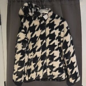 H&M Black & White Houndstooth Faux Fur Hooded Jacket, Women's Small Coat